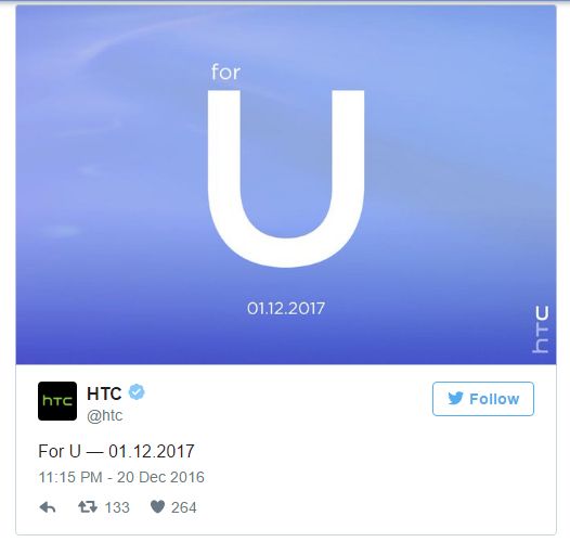 HTC今日宣布其旗艦產(chǎn)品“U”預(yù)計(jì)1月12日發(fā)布