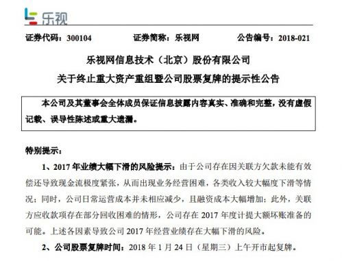 樂視網(wǎng)今日復(fù)牌:估值下跌超70% 或?qū)⑦B續(xù)跌停