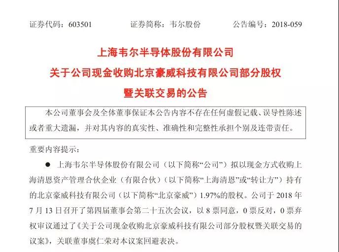 韋爾股份擬不超過3億元現(xiàn)金收購北京豪威1.97%的股權