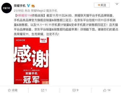 榮耀手機再超蘋果 包攬2018雙11雙平臺雙冠王