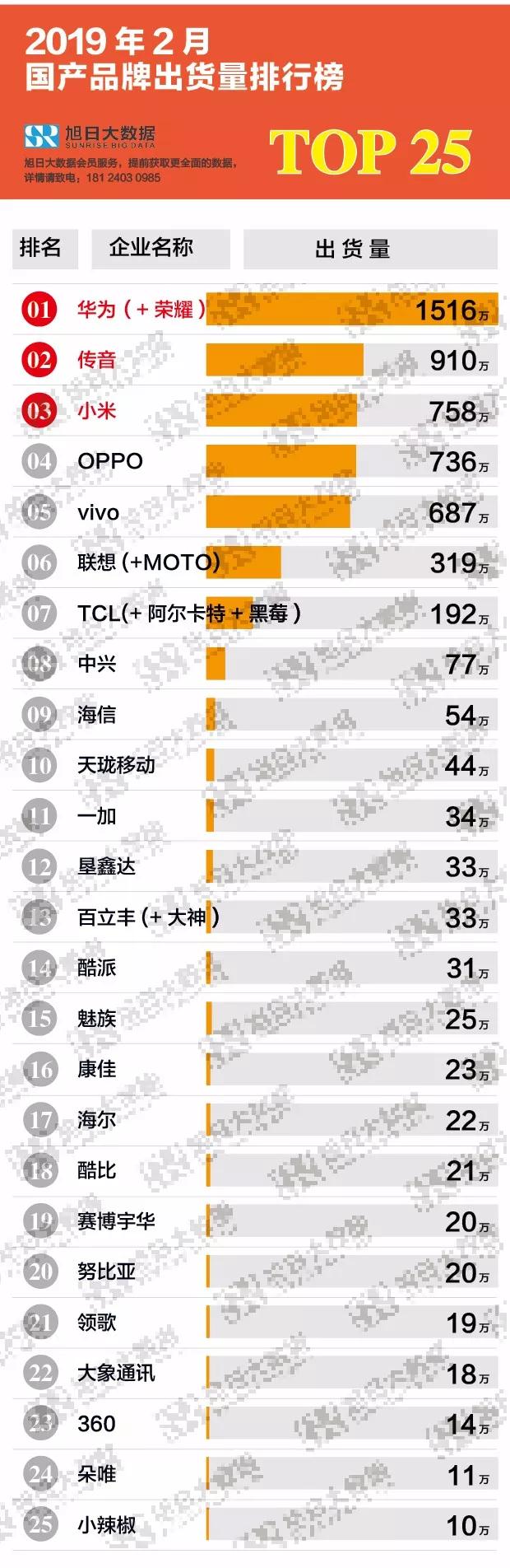 2019年2月國產(chǎn)品牌出貨量排行榜