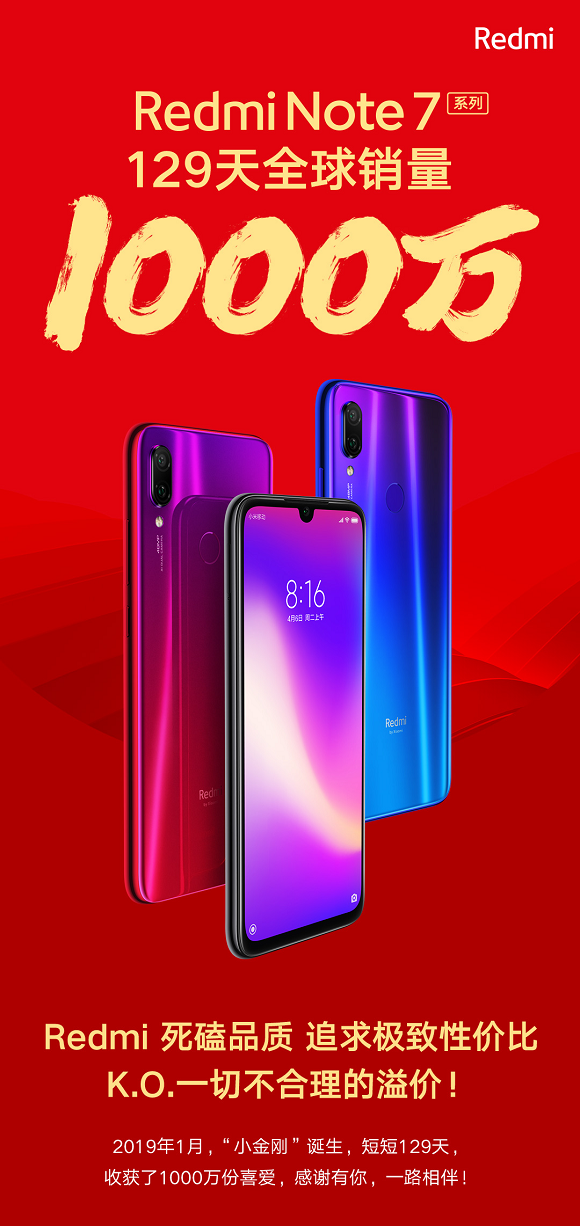 再次刷新紀(jì)錄！Redmi Note 7系列手機(jī)僅129天銷量破1000萬臺
