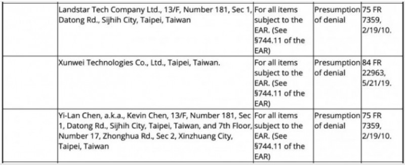 臺(tái)灣8家企業(yè)遭美國(guó)制裁 包括華為代理商訊崴科技
